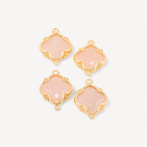 Conector de piedras semipreciosas engastadas con trébol de cuatro hojas de bronce, 2 anillas de 15 x 20 mm, 6 piezas de cuarzo r