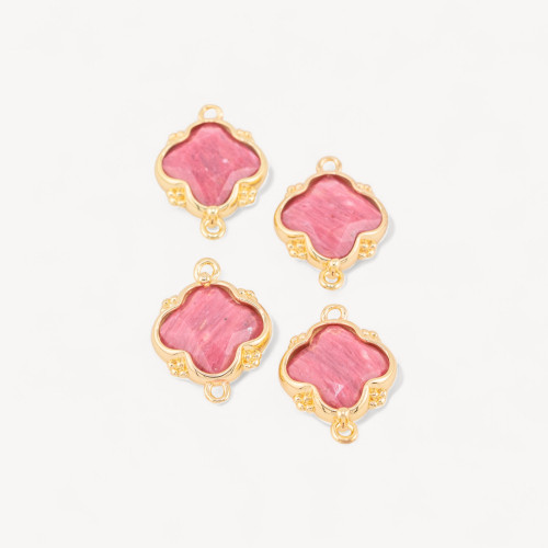 Στοιχείο σύνδεσης από σκληρές πέτρες σετ με χάλκινο τετράφυλλο τριφύλλι 2 κρίκους άλματος 15x20mm 6 τεμάχια χρυσός ροδονίτης