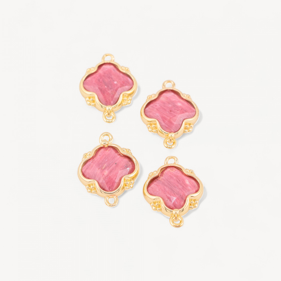 Connector Component of Hard Stones Set with Bronze Four-Leaf Clover 2 Jump Rings 15x20mm 6pcs Gold Rhodonite-LINKS NATURAL STONES LITHOS COLLECTION | Worldofjewel.com
