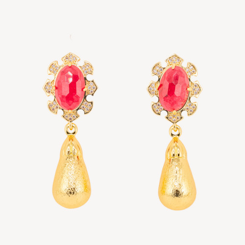 Pendientes de bisutería de bronce con piedras preciosas engastadas y gotas de jade rojo dorado