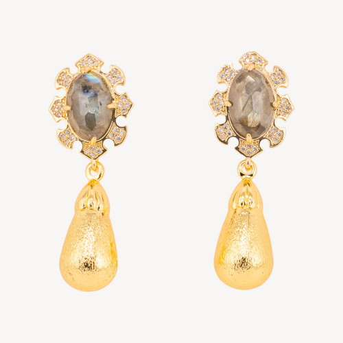 Boucles d'oreilles en bronze ornées de pierres précieuses et de gouttes de labradorite dorée