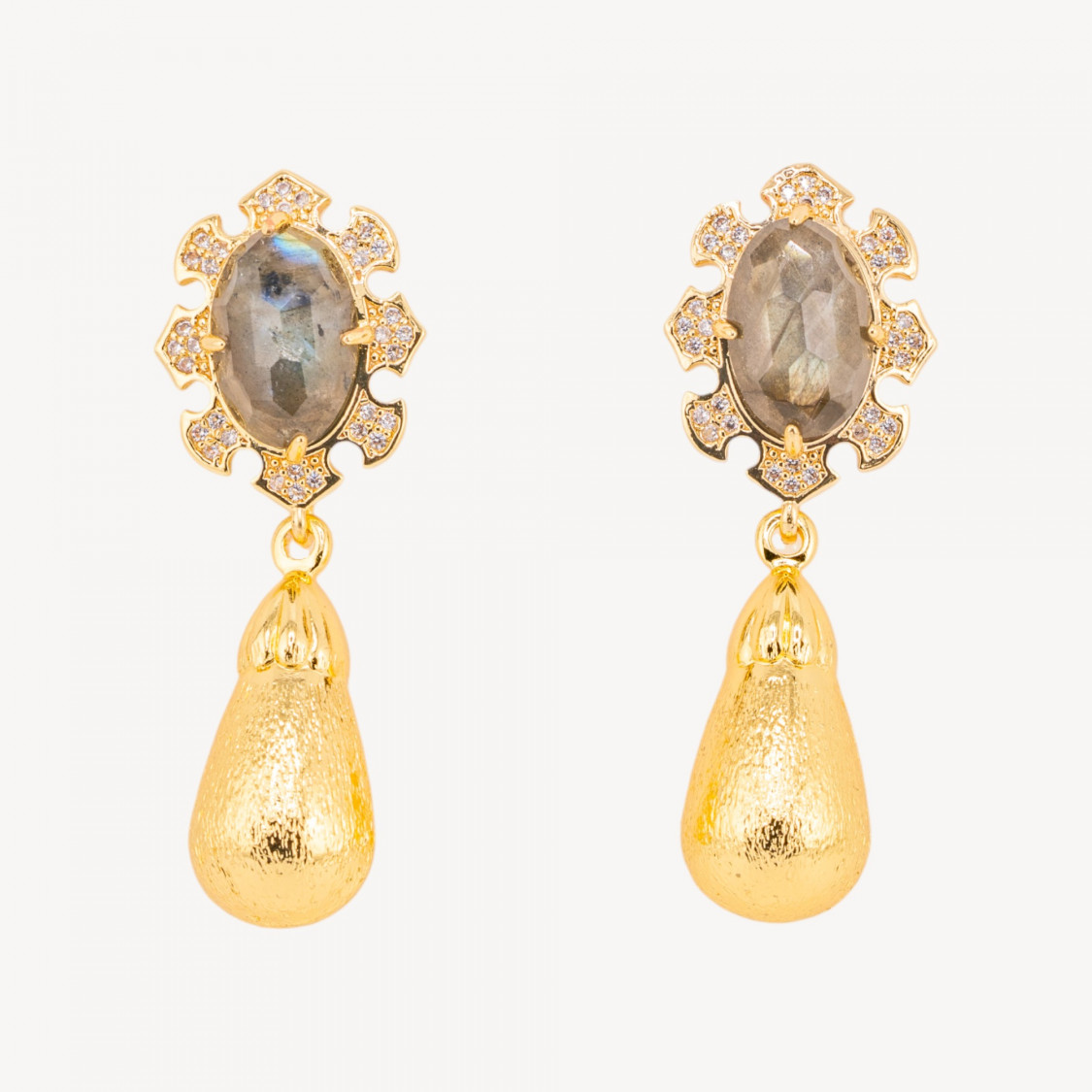 Orecchini Bijoux In Bronzo Con Pietre Dure Incastonate E Gocce Dorate Labradorite-ORECCHINI MADE WITH STYLE | Worldofjewel.com