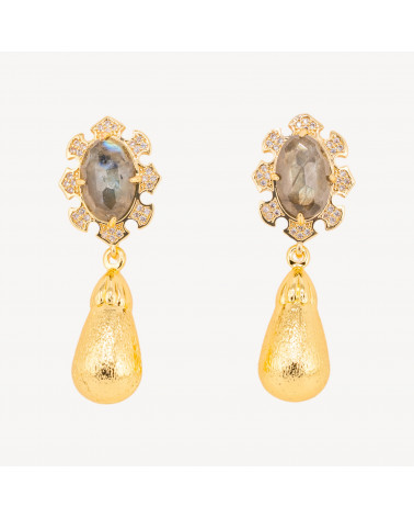 Orecchini Bijoux In Bronzo Con Pietre Dure Incastonate E Gocce Dorate Labradorite-ORECCHINI MADE WITH STYLE | Worldofjewel.com