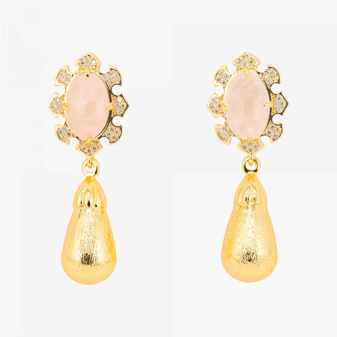 Orecchini Bijoux In Bronzo Con Pietre Dure Incastonate E Gocce Dorate Quarzo Rosa-ORECCHINI MADE WITH STYLE | Worldofjewel.com