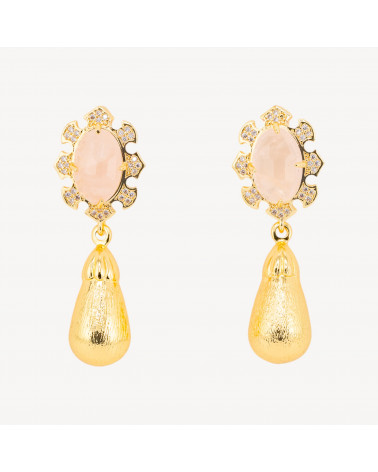Orecchini Bijoux In Bronzo Con Pietre Dure Incastonate E Gocce Dorate Quarzo Rosa-ORECCHINI MADE WITH STYLE | Worldofjewel.com