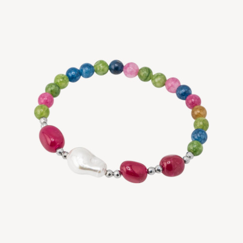 Elastic Bracelet with Semi-Precious Stones and Majorcan Pearls with Silver Hematite