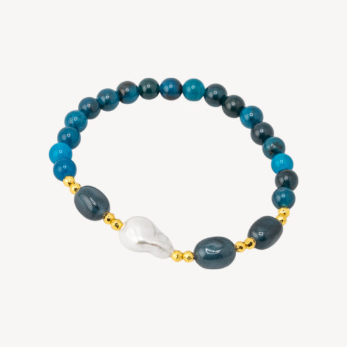 Elastic Bracelet with Semi-Precious Stones and Majorcan Pearls with Golden Hematite and Blue Agate