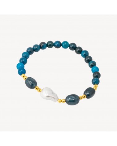 Bracciale Elastico con Pietre Dure e Perle di Maiorca con Ematite Dorata e Agata Blu-HARD STONES | Worldofjewel.com