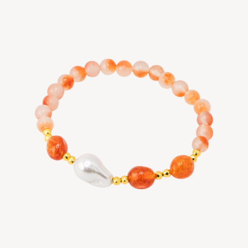 Pulsera Elástica con Piedras Semipreciosas y Perlas de Mallorca con Hematites Dorados y Jade Naranja