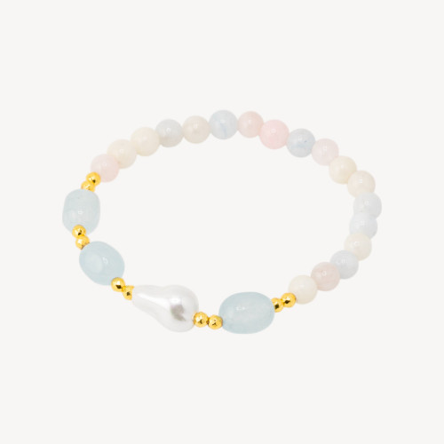Pulsera Elástica con Piedras Semipreciosas y Perlas de Mallorca con Hematites Dorados y Jade Berilo