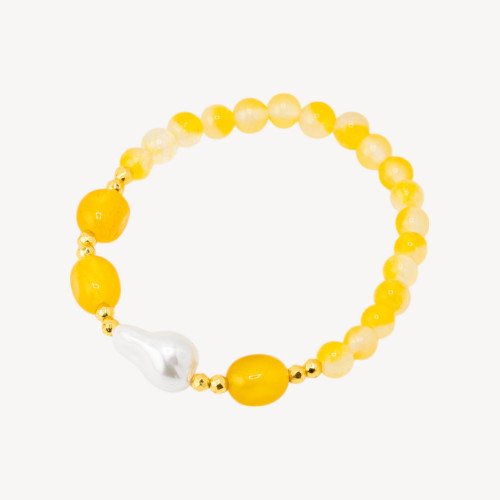 Elastisches Armband mit Halbedelsteinen und mallorquinischen Perlen mit goldenem Hämatit und gelbem Jade