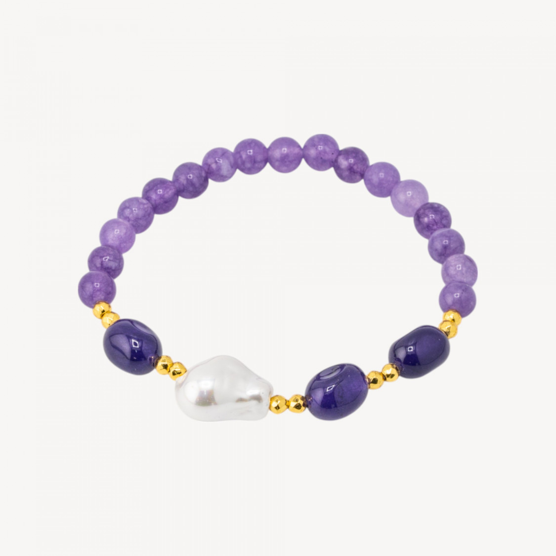 Bracciale Elastico con Pietre Dure e Perle di Maiorca con Ematite Dorata e Giada Lavanda-HARD STONES | Worldofjewel.com