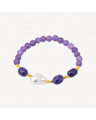 Bracciale Elastico con Pietre Dure e Perle di Maiorca con Ematite Dorata e Giada Lavanda-HARD STONES | Worldofjewel.com