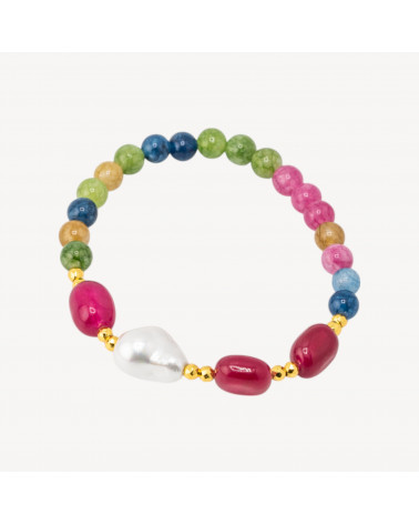 Bracciale Elastico con Pietre Dure e Perle di Maiorca con Ematite Dorata e Giada Multicolor-HARD STONES | Worldofjewel.com