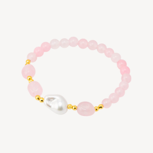 Elastisches Armband mit Halbedelsteinen und mallorquinischen Perlen mit goldenem Hämatit und rosa Jade