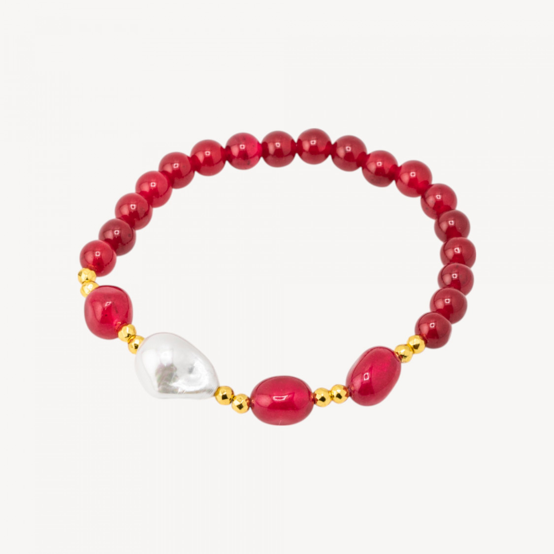 Bracciale Elastico con Pietre Dure e Perle di Maiorca con Ematite Dorata e Giada Rossa-HARD STONES | Worldofjewel.com