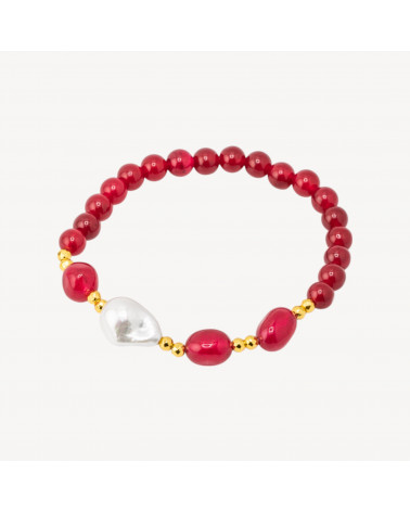 Bracciale Elastico con Pietre Dure e Perle di Maiorca con Ematite Dorata e Giada Rossa-HARD STONES | Worldofjewel.com