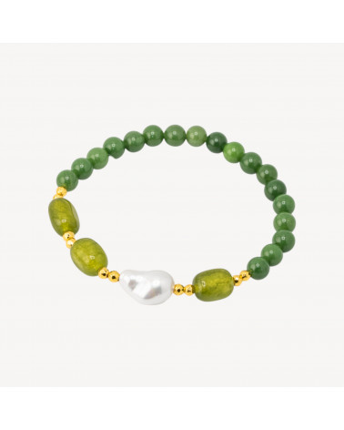Bracciale Elastico con Pietre Dure e Perle di Maiorca con Ematite Dorata e Giada Verde Foresta-HARD STONES | Worldofjewel.com