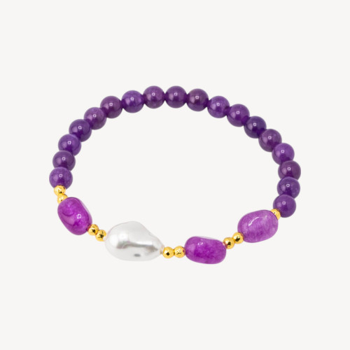 Elastic Bracelet with Semi-Precious Stones and Majorcan Pearls with Golden Hematite and Purple Jade