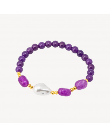 Bracciale Elastico con Pietre Dure e Perle di Maiorca con Ematite Dorata e Giada Viola-HARTE STEINE | Worldofjewel.com