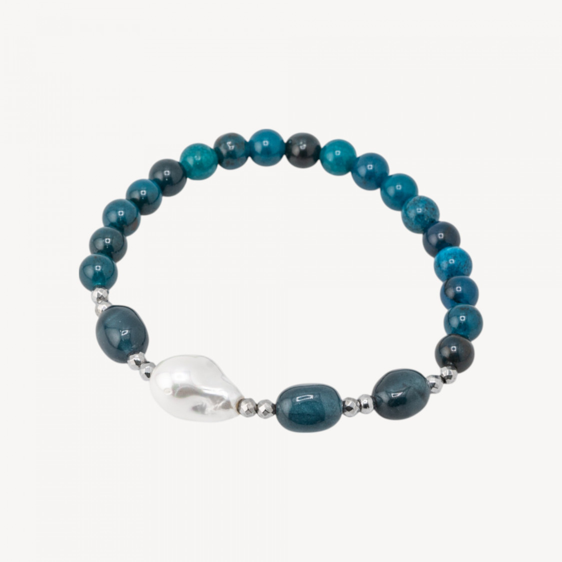 Bracciale Elastico con Pietre Dure e Perle di Maiorca con Ematite Rodiata e Agata Blu-ΣΚΛΗΡΕΣ ΠΕΤΡΕΣ | Worldofjewel.com