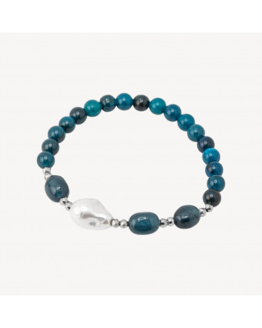 Bracciale Elastico con Pietre Dure e Perle di Maiorca con Ematite Rodiata e Agata Blu-ΣΚΛΗΡΕΣ ΠΕΤΡΕΣ | Worldofjewel.com