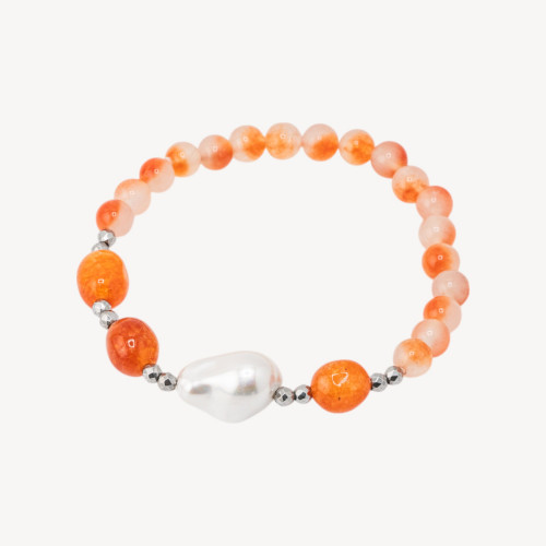 Pulsera Elástica con Piedras Semipreciosas y Perlas de Mallorca con Hematites Rodiadas y Jade Naranja