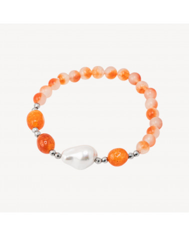 Bracciale Elastico con Pietre Dure e Perle di Maiorca con Ematite Rodiata e Giada Arancio-ΣΚΛΗΡΕΣ ΠΕΤΡΕΣ | Worldofjewel.com