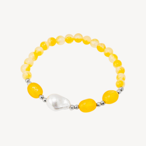 Elastisches Armband mit Halbedelsteinen und mallorquinischen Perlen, rhodiniertem Hämatit und gelbem Jade