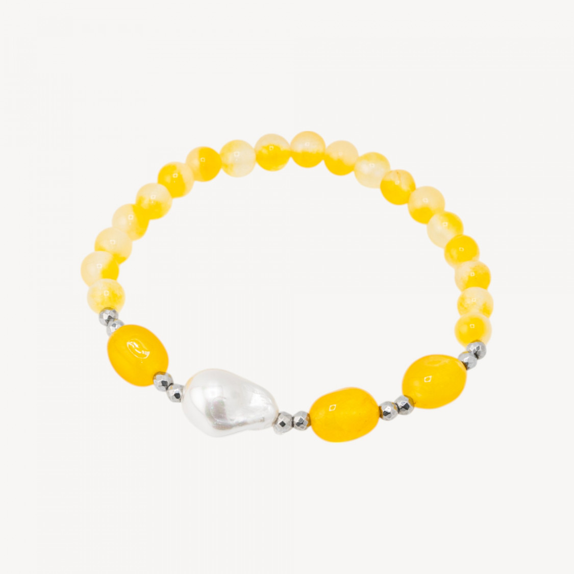 Bracciale Elastico con Pietre Dure e Perle di Maiorca con Ematite Rodiata e Giada Gialla-ΣΚΛΗΡΕΣ ΠΕΤΡΕΣ | Worldofjewel.com