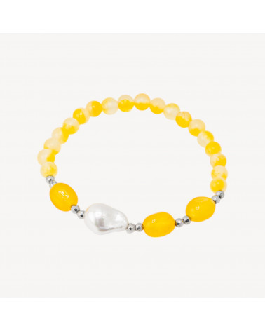 Bracciale Elastico con Pietre Dure e Perle di Maiorca con Ematite Rodiata e Giada Gialla-ΣΚΛΗΡΕΣ ΠΕΤΡΕΣ | Worldofjewel.com