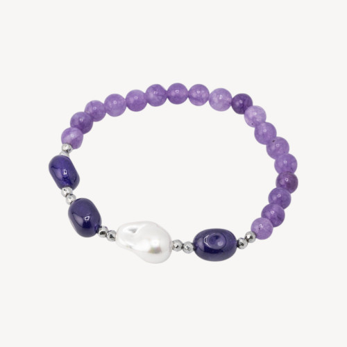 Pulsera Elástica con Piedras Semipreciosas y Perlas de Mallorca con Hematites Rodiadas y Jade Lavanda