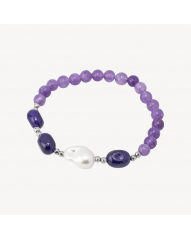 Bracciale Elastico con Pietre Dure e Perle di Maiorca con Ematite Rodiata e Giada Lavanda-HARD STONES | Worldofjewel.com