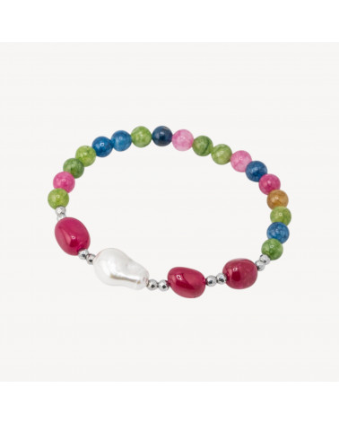 Bracciale Elastico con Pietre Dure e Perle di Maiorca con Ematite Rodiata e Giada Multicolor-HARD STONES | Worldofjewel.com