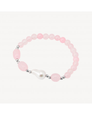 Bracciale Elastico con Pietre Dure e Perle di Maiorca con Ematite Rodiata e Giada Rosa-PIERRES DURES | Worldofjewel.com