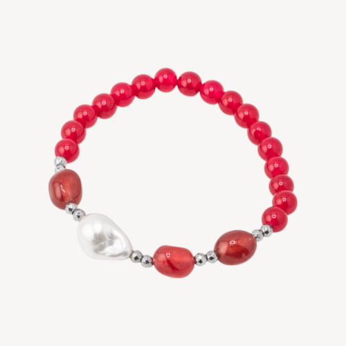 Elastisches Armband mit Halbedelsteinen und mallorquinischen Perlen, rhodiniertem Hämatit und rotem Jade