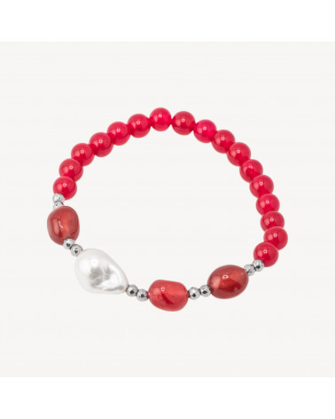 Bracciale Elastico con Pietre Dure e Perle di Maiorca con Ematite Rodiata e Giada Rossa-HARD STONES | Worldofjewel.com