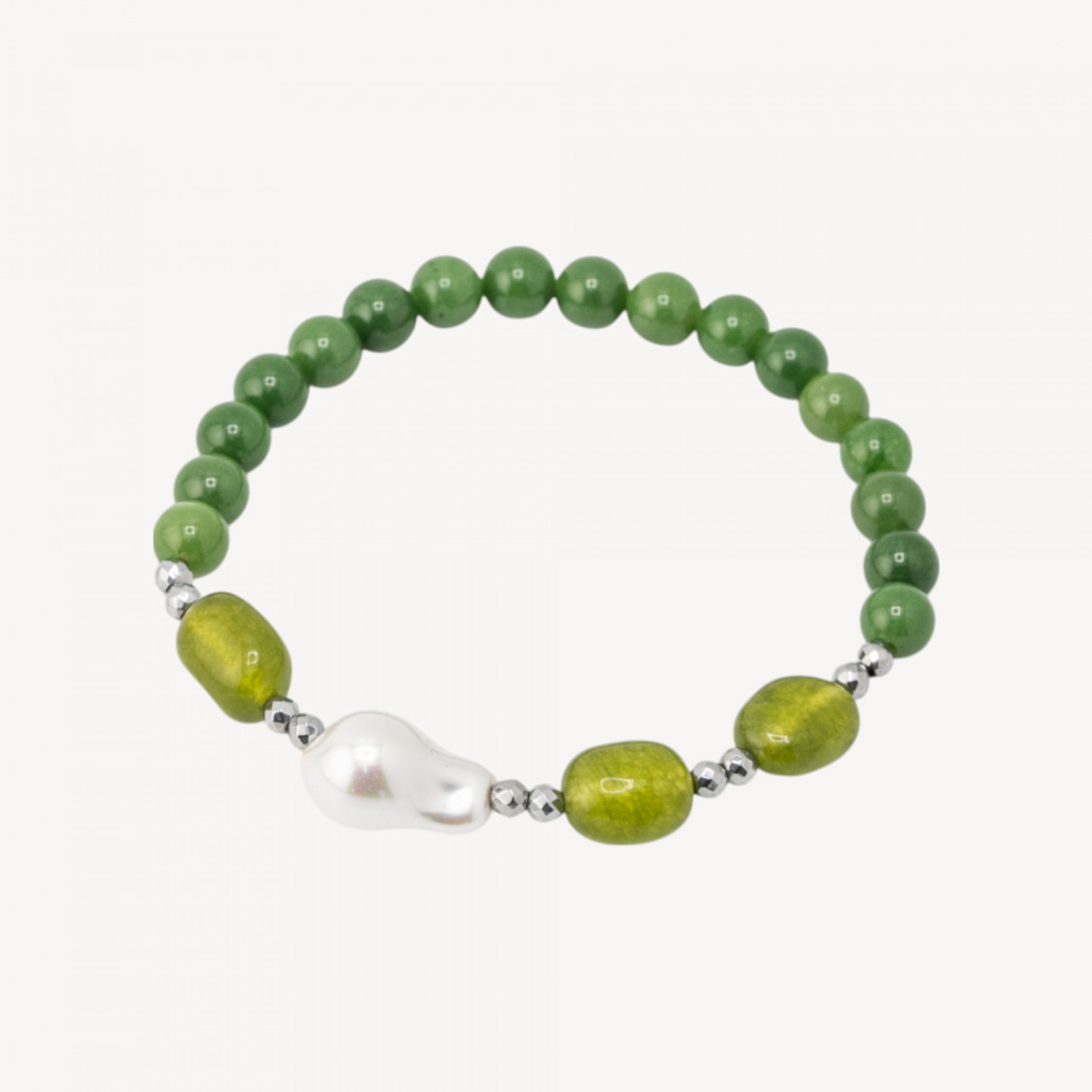 Bracciale Elastico con Pietre Dure e Perle di Maiorca con Ematite Rodiata e Giada Verde Foresta-HARD STONES | Worldofjewel.com