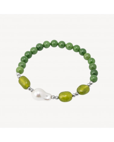 Bracciale Elastico con Pietre Dure e Perle di Maiorca con Ematite Rodiata e Giada Verde Foresta-HARD STONES | Worldofjewel.com