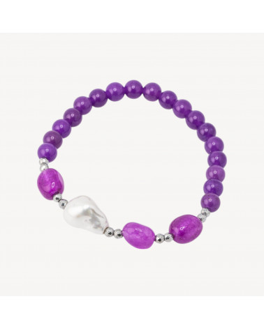 Bracciale Elastico con Pietre Dure e Perle di Maiorca con Ematite Rodiata e Giada Viola-HARD STONES | Worldofjewel.com