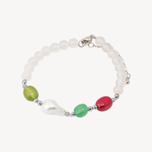 Pulsera con Piedras Semipreciosas y Perlas de Mallorca 18,5cm + 5cm con Hematites Plateados y Ágata Blanca