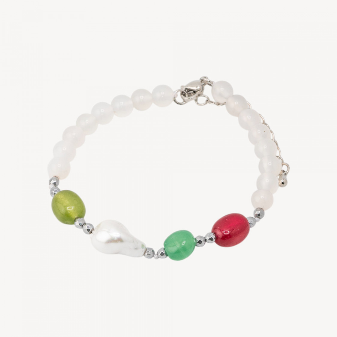 Bracciale con Pietre Dure e Perle di Maiorca 18,5cm + 5cm con Ematite Argentata e Agata Bianca-HARD STONES | Worldofjewel.com