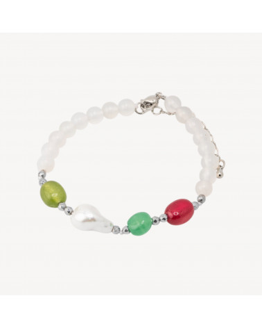Bracciale con Pietre Dure e Perle di Maiorca 18,5cm + 5cm con Ematite Argentata e Agata Bianca-HARD STONES | Worldofjewel.com