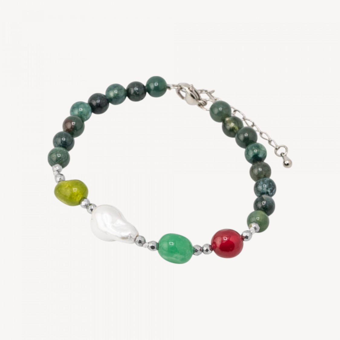 Bracciale con Pietre Dure e Perle di Maiorca 18,5cm + 5cm con Ematite Argentata e Agata Indiana-HARD STONES | Worldofjewel.com
