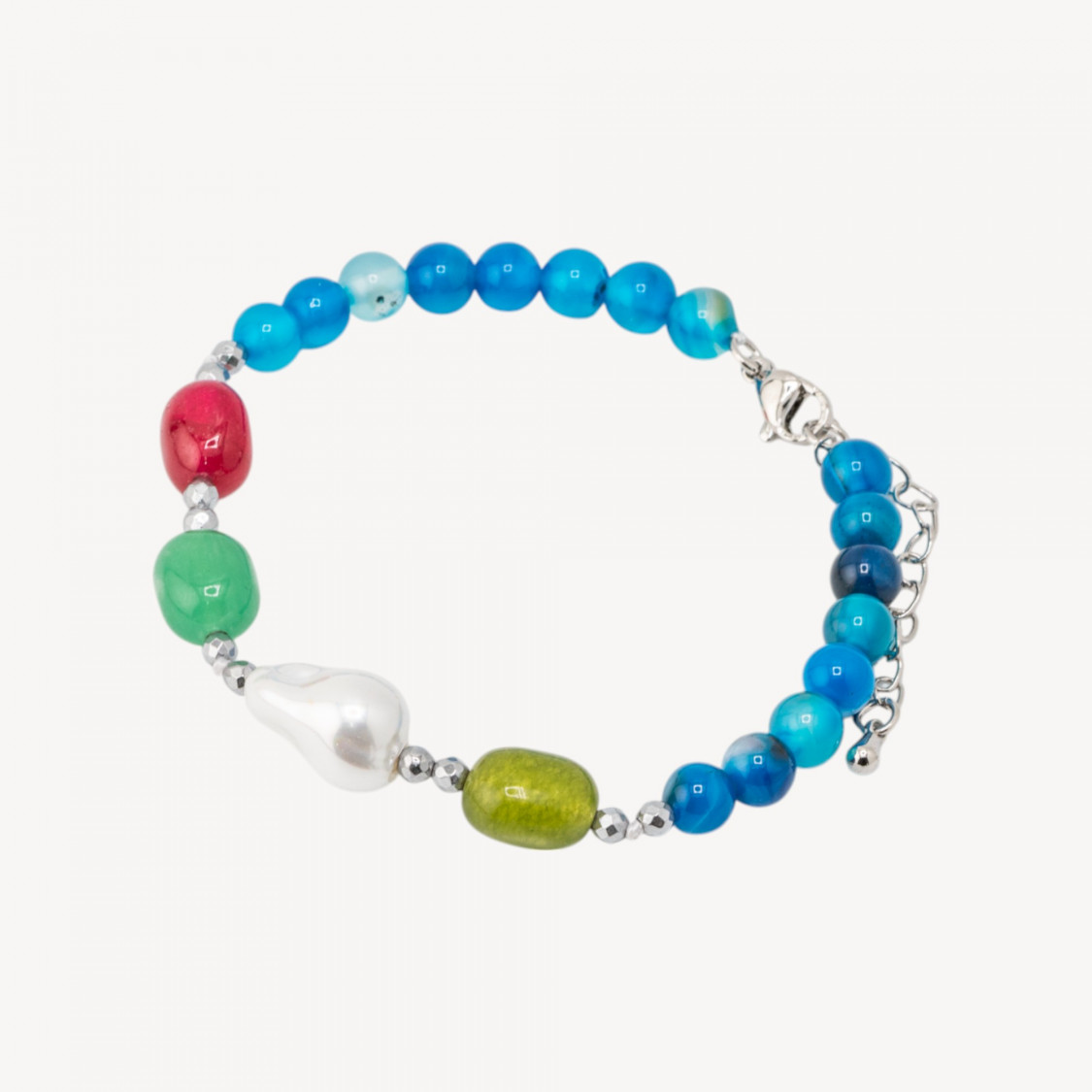 Bracciale con Pietre Dure e Perle di Maiorca 18,5cm + 5cm con Ematite Argentata e Agata Striata Blu-ΣΚΛΗΡΕΣ ΠΕΤΡΕΣ | Worldofjewel.com