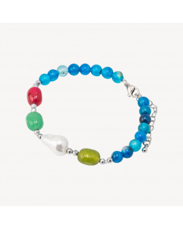 Bracciale con Pietre Dure e Perle di Maiorca 18,5cm + 5cm con Ematite Argentata e Agata Striata Blu-ΣΚΛΗΡΕΣ ΠΕΤΡΕΣ | Worldofjewel.com