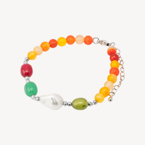 Bracelet en pierres semi-précieuses et perles de Majorque 18,5 cm + 5 cm avec hématite argentée et cornaline