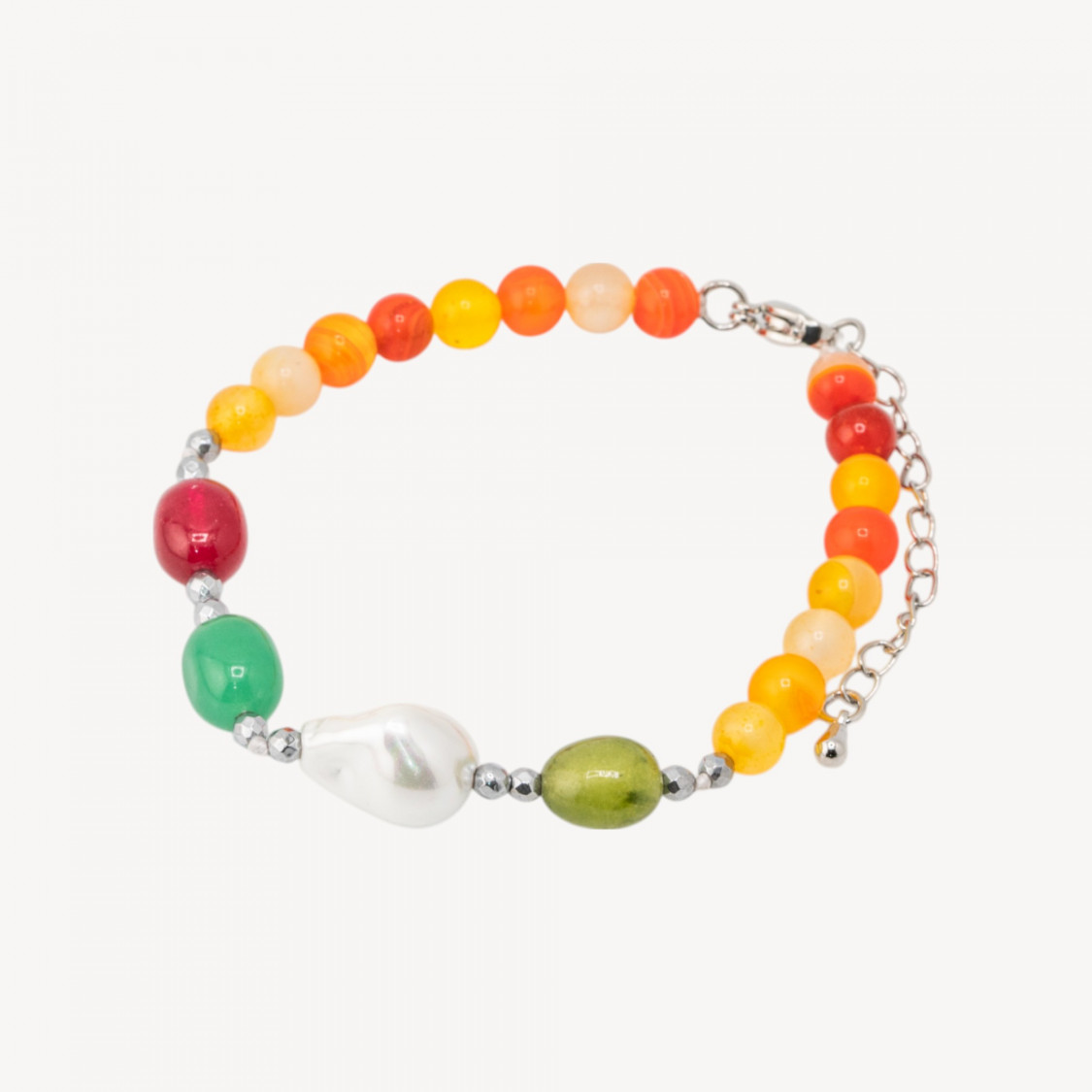 Bracciale con Pietre Dure e Perle di Maiorca 18,5cm + 5cm con Ematite Argentata e Corniola-HARD STONES | Worldofjewel.com