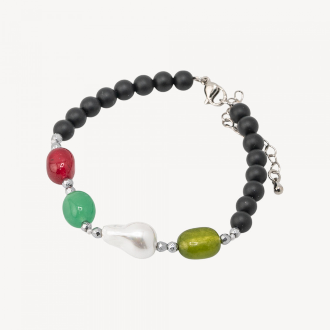 Bracciale con Pietre Dure e Perle di Maiorca 18,5cm + 5cm con Ematite Argentata e Onice Nero Satinato-HARD STONES | Worldofjewel.com