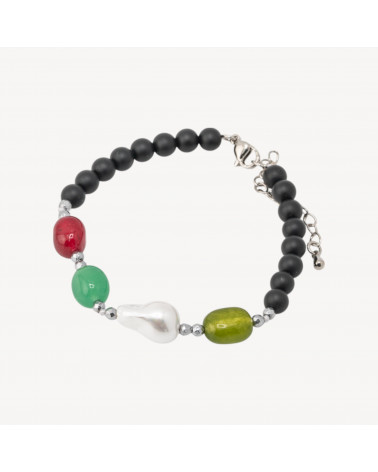 Bracciale con Pietre Dure e Perle di Maiorca 18,5cm + 5cm con Ematite Argentata e Onice Nero Satinato-HARD STONES | Worldofjewel.com